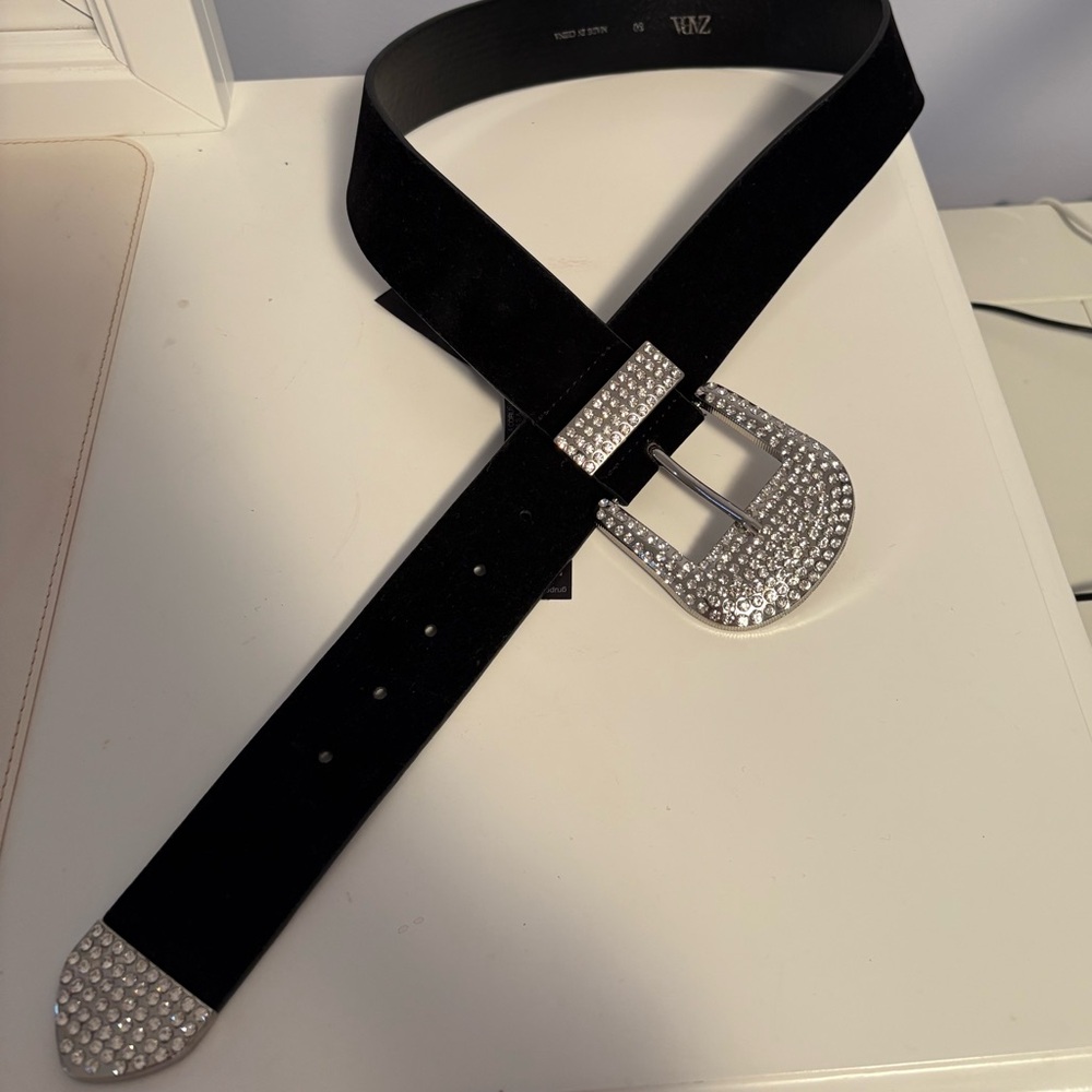 Zara Black Belt with Silver Rhinestone Buckle